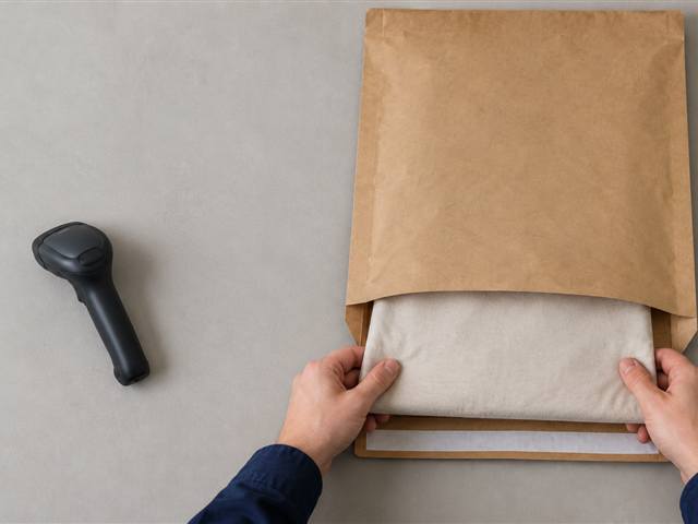 The shirt going into the kraft mailer