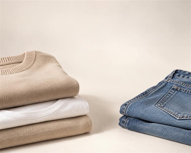 Folded knitwear, t-shirts and denim